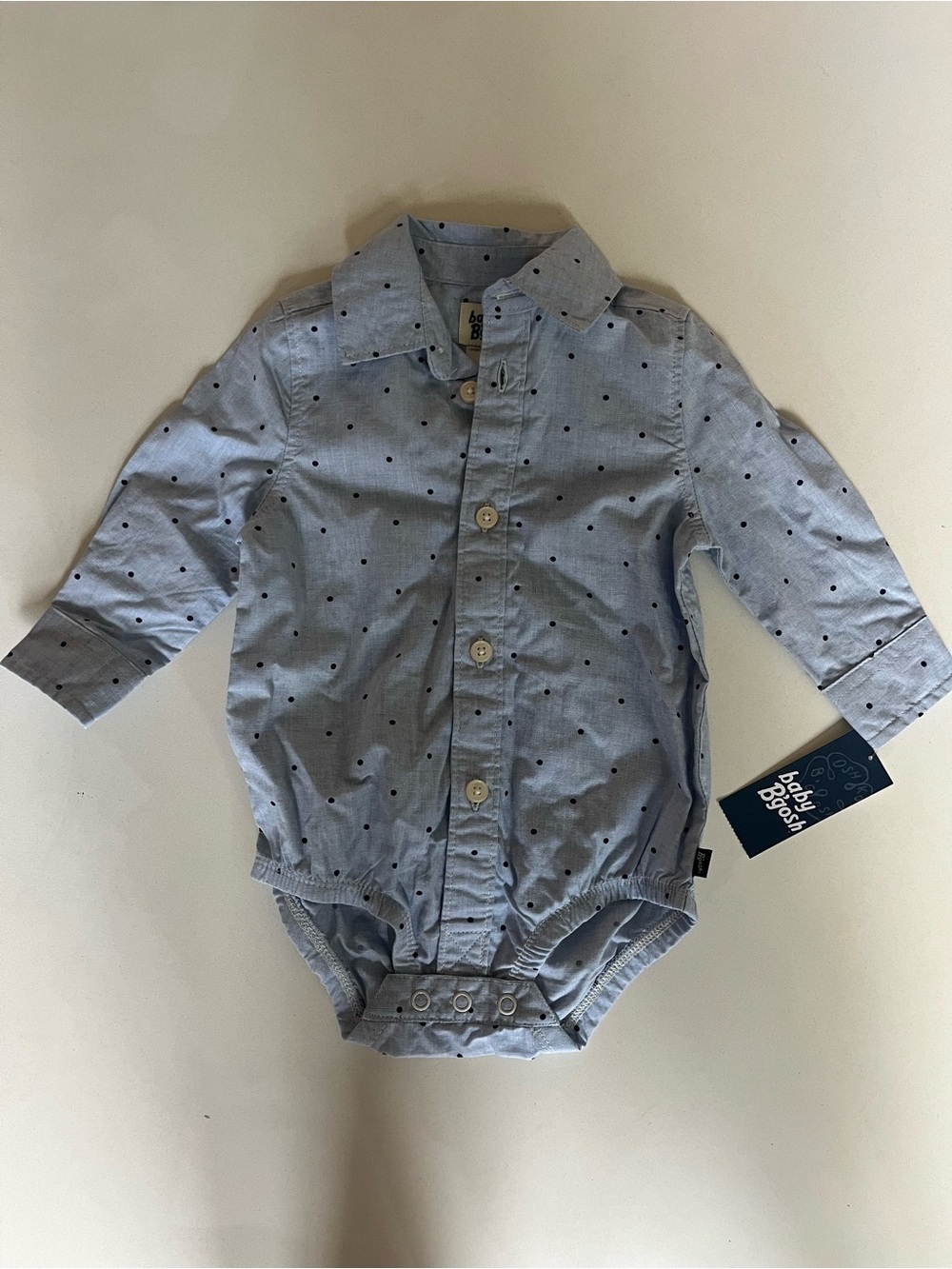 Baby B'gosh NWT Blue Polka Dot Button Up Onesie, Size 6M